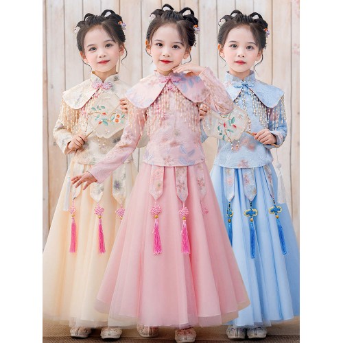 Girls Baby Pink blue Fiary Hanfu Qipao Dress ancient Chinese dress kids Chinese folk dance Tang Suit cheongsam catwalk model show performance Cosplay Princess Dresses
